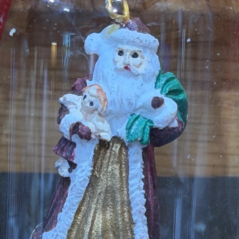 MCM Vintage Bell Santa Christmas Ornament Gold Trim Red Bow 90s Retro Holiday